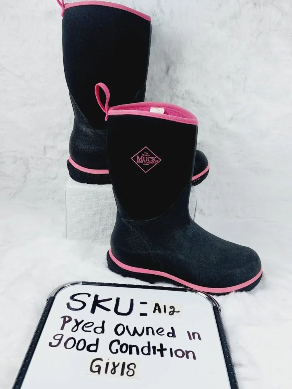Muck Girl's Black Pink Element Rain Rubber Mid-Calf Rain Boots Size 1